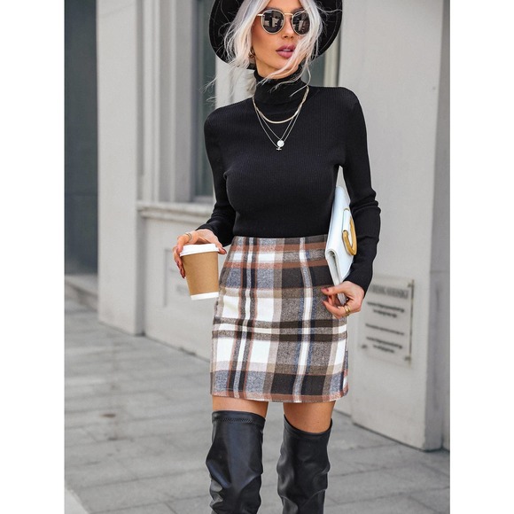 Plaid Wool Mix Bodycon mini Skirt tan white brown - Picture 4 of 5